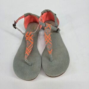 Toms Platino Grey Canvas Jutti T-Strap Sandals Neon Orange Embroidery Womens 8